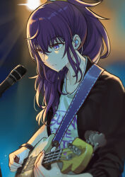 Rule 34 | 1girl, absurdres, asahina mafuyu, bass guitar, black bracelet, black jacket, blue background, blurry, blurry foreground, bracelet, chaos1402, closed mouth, clothes writing, commentary request, concentrating, earpiece, earrings, gradient background, guitar, highres, holding, holding guitar, holding instrument, holding plectrum, instrument, jacket, jewelry, light rays, looking at object, microphone, multicolored background, music, open clothes, open jacket, orange background, playing instrument, plectrum, project sekai, purple eyes, purple hair, shirt, sleeves past elbows, sleeves pushed up, solo, spotlight, strap, stud earrings, sweat, upper body, very sweaty, white shirt