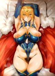 Rule 34 | 1girl, absurdres, armpits, arms up, artoria pendragon (fate), artoria pendragon (lancer) (fate), blonde hair, breasts, cape, cleavage, cleft of venus, crown, detached sleeves, excessive pubic hair, fate/grand order, fate (series), female pubic hair, heattech leotard, hero neisan, highres, huge nipples, large areolae, large breasts, leotard, long hair, lying, mature female, nipples, on back, on bed, pillow, presenting armpit, pubic hair, red cape, thick thighs, thighhighs, thighs, turtleneck, wedgie
