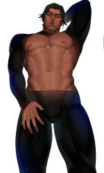 Rule 34 | 1boy, abs, absurdres, bara, blue eyes, cheekbones, dark-skinned male, dark skin, detached sleeves, groin, highres, large pectorals, looking at viewer, looking down, male chest, male focus, marvel, mature male, miguel o&#039;hara, muscular, muscular male, pants, pectorals, pov, scar, short hair, shrug (clothing), sofit, solo, spider-man: across the spider-verse, spider-man (series), spider-verse, sweat, tight clothes, tight pants