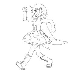 Rule 34 | 1girl, :d, animated, animated gif, boots, cape, dress, greyscale, looking at viewer, monochrome, open mouth, ruby rose, rwby, smile, solo, walking
