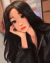 Rule 34 | 1girl, arm support, black hair, brown eyes, closed mouth, collarbone, highres, lips, long hair, long sleeves, looking at viewer, photo-referenced, real life, sam yang, solo
