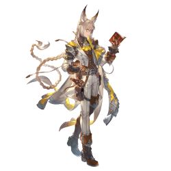 Rule 34 | 1boy, animal ears, ascot, belt, blonde hair, book, boots, braid, brown gloves, collared shirt, fingerless gloves, gloves, granblue fantasy, hand up, holding, holding book, jacket, long hair, lu woh (granblue fantasy), minaba hideo, official art, pants, pouch, shirt, spyglass, standing, striped clothes, striped pants, thigh pouch, third-party source, transparent background, vertical-striped clothes, vertical-striped pants, yellow ascot