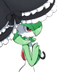 Rule 34 | 1girl, black bow, bob cut, bow, colored skin, creatures (company), female focus, flat chest, frilled umbrella, frills, from side, game freak, gardevoir, gen 3 pokemon, green hair, green skin, highres, holding, holding umbrella, muguet, multicolored skin, nintendo, open mouth, parasol, pokemon, pokemon (creature), profile, red eyes, short hair, sideways mouth, simple background, solo, standing, sweat, two-tone skin, umbrella, upper body, white background, white skin
