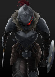 Rule 34 | 10s, 1boy, armor, bad id, bad pixiv id, black background, buckler, clenched hand, commentary request, full armor, fur collar, fur trim, glowing, glowing eye, goblin slayer, goblin slayer!, helmet, highres, holding, holding sword, holding weapon, knight, looking at viewer, male focus, plume, red eyes, shield, simple background, solo, standing, sword, weapon, zombie mogura