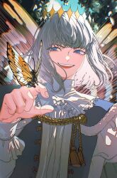Rule 34 | 1boy, arthropod boy, blue cloak, blue eyes, bug, butterfly, butterfly wings, cloak, crown, diamond hairband, fate/grand order, fate (series), fur-trimmed cloak, fur trim, grey hair, highres, insect, insect on finger, insect wings, long sleeves, male focus, medium hair, mygiorni, oberon (fate), smile, solo, upper body, wings
