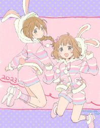 Rule 34 | 2girls, ahoge, animal hood, baba konomi, blush, braid, breasts, brown hair, commentary, dated, dot nose, flat chest, floating hair, from behind, full body, grey eyes, hands up, highres, hood, hood up, hoodie, idolmaster, idolmaster million live!, idolmaster million live! theater days, imo (suruga), long hair, long sleeves, looking at viewer, looking back, midriff peek, multiple girls, navel, open mouth, parted lips, pink footwear, polka dot, polka dot background, pom pom (clothes), rabbit hood, shoes, short hair, shorts, signature, single braid, sleeves past wrists, small breasts, smile, socks, striped clothes, striped hoodie, striped shorts, striped socks, suou momoko, symbol-only commentary, two-tone background, two-tone hoodie, two-tone shorts, two-tone socks