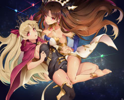 Rule 34 | 2girls, :o, alternate breast size, armpits, artistic error, barefoot, black hair, black legwear, black ribbon, blonde hair, breast press, breasts, cape, cleavage, commentary request, crown, detached sleeves, earrings, ereshkigal (fate), fate/grand order, fate (series), gold trim, hair ribbon, hand on own hip, highres, hoop earrings, ishtar (fate), jewelry, large breasts, light smile, long hair, multiple girls, parayang, red cape, red eyes, red ribbon, ribbon, siblings, single thighhigh, sisters, sky, star (sky), starry sky, thighhighs, two side up