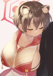 Rule 34 | 1girl, 1other, absurdres, animal ear fluff, animal ears, bare shoulders, blue archive, breast curtain, breasts, brown hair, closed eyes, commentary request, hair between eyes, halo, head on another&#039;s shoulder, highres, huge breasts, leaning on person, natsuse nanise, parted lips, raccoon ears, raised eyebrows, red halo, red sailor collar, red sash, rope, sailor collar, sash, shimenawa, short hair, sideless outfit, sleeping, sleeping on person, sleeping upright, tassel, tsubaki (blue archive), upper body, white background
