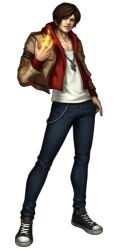 Rule 34 | 1boy, black footwear, brown hair, closed mouth, commentary, fire, full body, jacket, jewelry, kusanagi kyou, leon (s-damianvencedor), looking at viewer, lowres, male focus, pendant, pyrokinesis, red jacket, shirt, shoes, short hair, simple background, sneakers, standing, the king of fighters, white background, white shirt