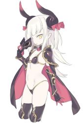 Rule 34 | 1girl, :o, aged down, armor, bikini, bikini armor, black bikini, black cape, black thighhighs, blade (galaxist), breasts, cape, cropped legs, cross-laced footwear, dragon horns, elizabeth bathory (brave) (fate), elizabeth bathory (fate), fate/grand order, fate (series), gauntlets, greaves, hair ribbon, holding, holding mask, horns, long hair, looking at viewer, mask, unworn mask, multicolored cape, multicolored clothes, navel, o-ring, o-ring bikini, o-ring top, original, parted lips, pauldrons, pointy ears, red cape, red ribbon, ribbon, shoulder armor, sidelocks, simple background, small breasts, solo, swimsuit, thighhighs, two side up, white background, white hair, yellow eyes