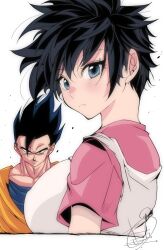 Rule 34 | 1boy, 1girl, black hair, blue eyes, breasts, closed mouth, dragon ball, dragonball z, highres, kinakomochi (user vedc2333), large breasts, looking at viewer, muscular, muscular male, short hair, simple background, son gohan, spiked hair, ultimate gohan, videl, white background