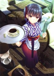 Rule 34 | 1girl, absurdres, apron, arm up, asami asami, black hair, coffee grinder, cup, hair between eyes, highres, japanese clothes, looking at viewer, non-web source, original, saucer, scan, shadow, short hair, solo, spoon, table, tray, waitress, white apron, window, wooden floor, wooden table, yellow eyes