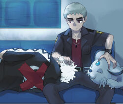 Rule 34 | 2boys, alolan form, alolan persian, belt, black belt, black jacket, collarbone, commentary request, couch, creatures (company), game freak, gen 7 pokemon, grey hair, guzma (pokemon), half-closed eyes, head on another&#039;s leg, highres, hood, hooded jacket, indoors, jacket, jewelry, looking down, lying, male focus, multiple boys, nanu (pokemon), necklace, nintendo, nyoripoke, on side, open clothes, open jacket, pants, parted lips, pokemon, pokemon sm, red eyes, red shirt, shirt, short sleeves, sitting, white hair, z-ring