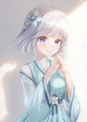 Rule 34 | 1girl, bare shoulders, blush, breasts, closed mouth, commentary, copyright request, detached sleeves, flower, flower knot, hair flower, hair ornament, highres, interlocked fingers, japanese clothes, kimono, long sleeves, looking at viewer, medium breasts, own hands together, prana (prana12), purple eyes, short hair, silver hair, smile, solo, symbol-only commentary, upper body, white flower, wide sleeves