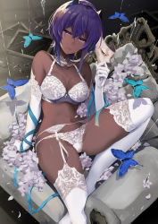Rule 34 | 1girl, absurdres, arm support, blue butterfly, blush, bra, breasts, bug, butterfly, choker, cleavage, collarbone, commentary request, dark-skinned female, dark skin, earrings, elbow gloves, fate/prototype, fate/prototype: fragments of blue and silver, fate (series), female focus, garter belt, gloves, hair between eyes, hassan of serenity (fate), highres, hirai yuzuki, holding, holding mask, horns, insect, jewelry, knee up, lace, lace-trimmed gloves, lace-trimmed legwear, lace bra, lace choker, lace panties, lace trim, mask, matching hair/eyes, medium breasts, navel, panties, purple eyes, purple hair, short hair, sidelocks, sitting, skull, skull mask, solo, stomach, thighhighs, underwear, underwear only, white bra, white gloves, white panties, white thighhighs