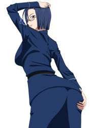 Rule 34 | 10s, 1girl, arm up, ass, ass grab, blue hair, breasts, brown eyes, from side, glasses, grabbing own ass, hand on own ass, hand on own head, large breasts, leaning forward, looking back, niimi kaoru, short hair, simple background, skirt, smile, solo, uchuu senkan yamato, uchuu senkan yamato 2199, white background, yoshida keiji