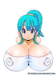 Rule 34 | 1girl, bandeau top, blue eyes, blue hair, blush, breasts, bulma, cleavage, covered erect nipples, dragon ball, highres, jewelry, large breasts, looking at viewer, mato spectoru, necklace, nose blush, ponytail, smile, solo, vest
