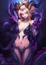 Rule 34 | :d, alternate costume, alternate hair color, armor, bangs pinned back, bare shoulders, blonde hair, breastplate, breasts, cleavage, collarbone, dragon, dragon horns, dragon sorceress zyra, eyelashes, fang, forehead jewel, highres, horns, large breasts, league of legends, lips, navel, oopartz yang, open mouth, patreon username, pink lips, ponytail, purple eyes, slit pupils, smile, solo, stomach, thigh gap, watermark, zyra