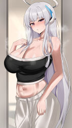 Rule 34 | 1girl, absurdres, alternate breast size, alternate costume, black tube top, blue archive, blush, breasts, cleavage, collarbone, commentary, crop top, grey hair, grey pants, halo, highres, huge breasts, indoors, k 0art, long hair, looking at viewer, navel, noa (blue archive), pants, purple eyes, solo, steam, steaming body, stomach, straight hair, strapless, sweat, tube top, very long hair