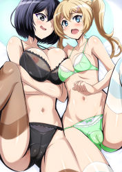 Rule 34 | 10s, 2girls, black bra, black panties, blonde hair, blue eyes, blush, bow, bow panties, bra, breasts, cameltoe, cleavage, cleft of venus, covered erect nipples, gradient background, green bra, green panties, joukamachi no dandelion, large breasts, long hair, multiple girls, nami makoto, navel, nipples, open mouth, panties, purple eyes, purple hair, sakurada kanade, satou hana, see-through, striped clothes, striped legwear, striped thighhighs, tears, thighhighs, twintails, underwear, underwear only, wavy mouth