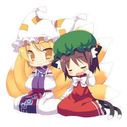 Rule 34 | 2girls, :&gt;, animal ears, animal hat, blonde hair, brown hair, cat ears, cat girl, cat tail, chen, drooling, earrings, female focus, fox tail, full body, hands in opposite sleeves, hat, jewelry, long sleeves, meito (maze), mob cap, multiple girls, multiple tails, no pupils, open mouth, mob cap, shoes, short hair, single earring, sitting, sleepy, smile, tail, tassel, touhou, wariza, white background, wide sleeves, yakumo ran, yellow eyes
