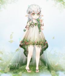 Rule 34 | 1girl, absurdres, alternate costume, alternate hairstyle, barefoot, braid, bug, butterfly, child, commentary, cross-shaped pupils, dress, english commentary, flower, genshin impact, gradient hair, grass, green eyes, green hair, highres, insect, long hair, muenoart, multicolored hair, nahida (genshin impact), pointy ears, side ponytail, solo, symbol-shaped pupils, twin braids, white dress, white hair