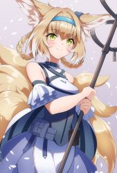 Rule 34 | 1girl, absurdres, animal ear fluff, animal ears, apron, arknights, bare shoulders, blouse, blue hairband, blush, breasts, brown hair, closed mouth, commentary request, fox ears, fox girl, fox tail, green eyes, hair between eyes, hairband, highres, holding, infection monitor (arknights), kiso (wjnomcuzqmdjcql), kitsune, looking at viewer, multicolored hair, purple skirt, shirt, skirt, small breasts, smile, solo, suzuran (arknights), tail, two-tone hair, waist apron, white apron, white hair, white shirt