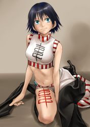 Rule 34 | 1girl, absurdres, bare arms, bare shoulders, black footwear, black hair, blue eyes, breasts, china dress, chinese clothes, closed mouth, crop top, dress, highres, houshin engi, kilye kairi, looking at viewer, midriff, navel, ou kijin, short hair, smile, solo, tattoo