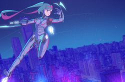 Rule 34 | 1girl, absurdres, android, aqua hair, arm blade, arm cannon, cityscape, flying, full body, highres, joints, mechanical parts, original, parted lips, piston, purple eyes, robot joints, science fiction, sky, solo, star (sky), starry sky, thrusters, twintails, wakamoto zenko, weapon