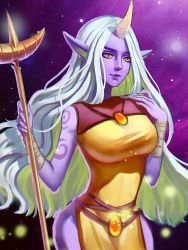 Rule 34 | 1girl, arm tattoo, bandaged arm, bandages, bare shoulders, black background, breasts, colored inner hair, colored skin, dress, green hair, hand up, highres, holding, holding staff, horns, keing (1447371167), large breasts, league of legends, long hair, multicolored hair, orange dress, orange eyes, parted bangs, pink background, pink skin, pointy ears, red dress, single horn, smile, solo, soraka (league of legends), space, staff, tattoo, two-tone dress