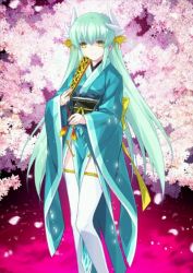 Rule 34 | 1girl, black (artist), cherry blossoms, fate/grand order, fate (series), green hair, japanese clothes, kiyohime (fate), long hair, official art, solo, thighhighs, tree, very long hair