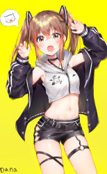 Rule 34 | 1girl, :o, absurdres, argyle, argyle clothes, argyle cutout, armpits, artist name, bad id, bad pixiv id, bare shoulders, belt, black choker, black jacket, black shorts, blush, breasts, brown eyes, brown hair, buttons, choker, claw pose, clothing cutout, collarbone, cowboy shot, crop top, crossed bangs, dana (hapong07), fang, hair between eyes, hair ornament, hands up, highres, hood, hood down, hoodie, jacket, legs apart, long hair, long sleeves, looking at viewer, midriff, navel, off shoulder, open clothes, open jacket, open mouth, original, puffy sleeves, shorts, sidelocks, simple background, skindentation, sleeveless, sleeveless hoodie, small breasts, solo, speech bubble, standing, stomach, thigh strap, twintails, twintails day, wing collar, yellow background