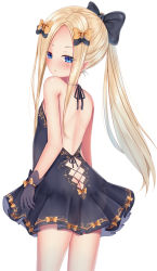 Rule 34 | 1girl, :o, abigail williams (fate), ass, backless dress, backless outfit, bare shoulders, black bow, black dress, black gloves, blonde hair, blue eyes, blush, bow, breasts, butt crack, dress, fate/grand order, fate (series), forehead, gloves, hair bow, long hair, looking at viewer, looking back, orange bow, parted bangs, parted lips, ponytail, puririn, see-through, sidelocks, simple background, small breasts, solo, standing, very long hair, white background