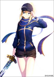 Rule 34 | 1girl, ahoge, arm at side, arm up, artoria pendragon (fate), baseball cap, black border, black hat, blonde hair, blue eyes, blue jacket, blue scarf, border, brown shorts, closed mouth, cowboy shot, fate/grand order, fate (series), hair between eyes, hand on headwear, hat, holding, holding sword, holding weapon, jacket, k-suwabe, long hair, long sleeves, looking away, looking to the side, mysterious heroine x (fate), ponytail, scarf, shorts, simple background, smile, solo, sweatband, sword, thigh gap, track jacket, twitter username, weapon, white background