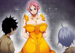 Rule 34 | 1girl, 2boys, breasts, cleavage, huge breasts, large breasts, multiple boys, one piece, pink hair, qdoujin (pixiv44648813), rebecca (one piece)
