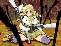 Rule 34 | 10s, 1girl, anison, beret, blonde hair, boots, breasts, detached sleeves, drill hair, fingerless gloves, gloves, gun, hair ornament, hat, kneeling, magical girl, magical musket, mahou shoujo madoka magica, mahou shoujo madoka magica (anime), pleated skirt, puffy sleeves, rifle, skindentation, skirt, smile, solo, thighhighs, tomoe mami, weapon, yellow eyes, zettai ryouiki