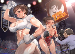 Rule 34 | 2girls, abs, blood, boxing, boxing gloves, breasts, brown hair, bruise, bruised eye, catfight, cleavage, cleavage cutout, clothing cutout, crop top, crowd, grin, hair pulled back, injury, large breasts, leaning forward, lips, lulu valentine, mouth guard, multiple girls, muscular, muscular female, norbon, nosebleed, ponytail, ready 2 rumble boxing, referee, ryona, selene strike, short hair, short shorts, shorts, smile, sweat