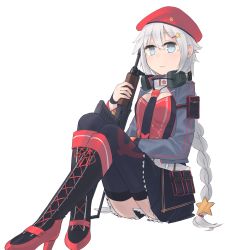 Rule 34 | + +, 1girl, assault rifle, beret, black footwear, black necktie, black skirt, black thighhighs, blue eyes, blue jacket, boots, braid, breasts, closed mouth, cross-laced footwear, crossed legs, flower-shaped pupils, girls&#039; frontline, gun, hair ornament, hairclip, hat, hat ornament, headphones, headphones around neck, highres, hinami047, holding, holding weapon, jacket, kalashnikov rifle, lace-up boots, long hair, looking at viewer, low twintails, necktie, on floor, open clothes, open jacket, ots-12 (girls&#039; frontline), ots-12 tiss, red hat, rifle, russian flag, silver hair, skirt, solo, soviet flag, star-shaped pupils, star (symbol), star hair ornament, star hat ornament, symbol-shaped pupils, thighhighs, twin braids, twintails, weapon, white background