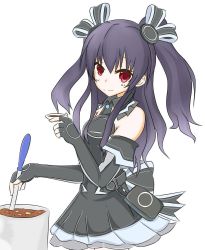 Rule 34 | bare shoulders, black hair, breasts, collar, cook, cooking, curry, dress, food, gloves, highres, long hair, neptune (series), neptune exe, red eyes, skirt, small breasts, smile, tsundere, twintails, two side up, uni (neptunia)