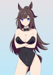 Rule 34 | 1girl, ahoge, animal ears, bare legs, black bow, black bowtie, black leotard, blue background, blue eyes, bow, bowtie, breast hold, breasts, brown hair, cleavage, closed mouth, commentary, covered navel, cowboy shot, crossed arms, detached collar, duramente (umamusume), fake animal ears, fake tail, gradient background, highres, horse ears, horse girl, horse tail, large breasts, leotard, light frown, long hair, looking at viewer, neo gyzar, playboy bunny, rabbit ears, rabbit tail, solo, standing, strapless, strapless leotard, tail, umamusume, wing collar