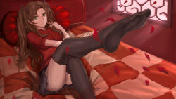 Rule 34 | 1girl, ass, bad id, bad pixiv id, bed, black thighhighs, blanket, breasts, fate/stay night, fate (series), feet, finger to face, green eyes, hair ornament, hair ribbon, large breasts, legs, light rays, long hair, looking at viewer, lying, on back, outstretched arm, papa (pixiv12443934), petals, pillow, red theme, revision, ribbon, short sleeves, skirt, solo, thighhighs, thighs, tohsaka rin, twintails, two side up, window, zettai ryouiki