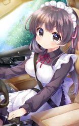Rule 34 | 1girl, apron, bad id, bad pixiv id, blush, breasts, brown dress, brown eyes, brown hair, car interior, closed mouth, commentary request, copyright request, day, dress, driving, fingernails, frilled apron, frills, hair ribbon, highres, komachi pochi, large breasts, long hair, maid, maid headdress, neck ribbon, official art, pink ribbon, red ribbon, ribbon, seat, seatbelt, sidelocks, sitting, smile, solo, steering wheel, twintails, very long hair, white apron