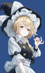 Rule 34 | 1girl, absurdres, apron, back bow, black hat, black vest, blonde hair, blue background, bow, braid, breasts, buttons, closed mouth, dress, frills, from below, hair between eyes, hair over shoulder, hat, hat bow, highres, holding, holding hair, kirisame marisa, large breasts, light blush, light smile, looking at viewer, messy hair, puffy short sleeves, puffy sleeves, shirt, short hair with long locks, short sleeves, single braid, solo, torinari (dtvisu), touhou, upper body, vest, waist apron, white bow, white dress, witch hat, wrist cuffs, yellow eyes