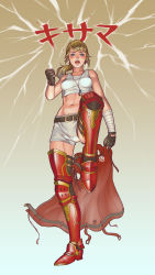 Rule 34 | 10s, 1girl, armor, bandaged arm, bandages, blonde hair, blue eyes, final fantasy, final fantasy xiv, fingerless gloves, gloves, gradient background, greaves, highres, jacket, jewelry, leg lift, looking at viewer, lyse hext, midriff, navel, necklace, open mouth, red armor, short shorts, shorts, solo, strigi signum, tank top, unworn jacket, white background