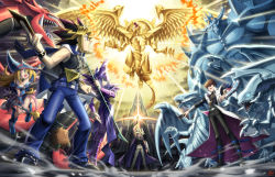 Rule 34 | 1girl, 3boys, arm up, black pants, blue-eyes white dragon, blue pants, cape, card, commentary request, dark magician, dark magician girl, duel disk, duel monster, holding, holding card, kaiba seto, koma yoichi, kuriboh, millennium puzzle, multicolored hair, multiple boys, obelisk the tormentor, open mouth, osiris the sky dragon, outstretched arm, pants, resolution mismatch, sleeveless, source larger, standing, teeth, the winged dragon of ra, yami marik, yami yugi, yu-gi-oh!, yu-gi-oh! duel monsters