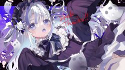 Rule 34 | 1girl, amezawa koma, bandaged head, bandages, black dress, blue eyes, blue hair, bow, bowtie, commentary request, commission, dress, frilled hairband, frilled shirt collar, frills, ghost, ghost girl, ghost hair ornament, hairband, highres, long hair, multicolored hair, open mouth, original, skeb commission, sleeves past fingers, sleeves past wrists, solo, streaked hair, two-tone hair, two side up, white hair