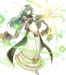 Rule 34 | 1girl, artist request, bare shoulders, blush, book, breasts, dress, elbow gloves, fire emblem, fire emblem echoes: shadows of valentia, fire emblem heroes, full body, fur trim, gloves, green eyes, green hair, highres, holding, holding book, long dress, long skirt, looking away, magic, medium breasts, nintendo, official art, open book, parted lips, skirt, sleeveless, solo, sparkle, tatiana (fire emblem), transparent background, white gloves