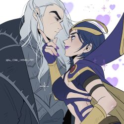 Rule 34 | 1boy, 1girl, artist name, black robe, blue cape, blue lips, breasts, brown cape, cape, closed mouth, facial hair, from side, grey hair, heart, highres, large breasts, league of legends, leblanc (league of legends), long hair, mag cora imparo, nail polish, profile, purple hair, purple nails, robe, short hair, short sleeves, smile, stubble, swain (league of legends), two-tone cape, unamused, upper body, white background