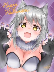 Rule 34 | 1girl, bare shoulders, black gloves, blush, breasts, cleavage, fang, fingerless gloves, flower knight girl, fur collar, ginryousou (flower knight girl), gloves, grey hair, halloween, happy halloween, highres, large breasts, long hair, looking at viewer, nail polish, open mouth, pink nails, smile, yellow eyes, yukinoshiro