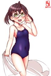 Rule 34 | 1girl, adjusting eyewear, alternate costume, artist logo, black hair, blue one-piece swimsuit, collarbone, commentary request, competition school swimsuit, covered navel, dated, flat chest, from side, glasses, green eyes, hair between eyes, highres, kanon (kurogane knights), kantai collection, looking at viewer, multicolored hair, okinami (kancolle), one-piece swimsuit, one-piece tan, open mouth, pink hair, round teeth, salute, school swimsuit, short hair, simple background, smile, solo, standing, swimsuit, tan, tanline, teeth, towel, upper teeth only, white background, white towel